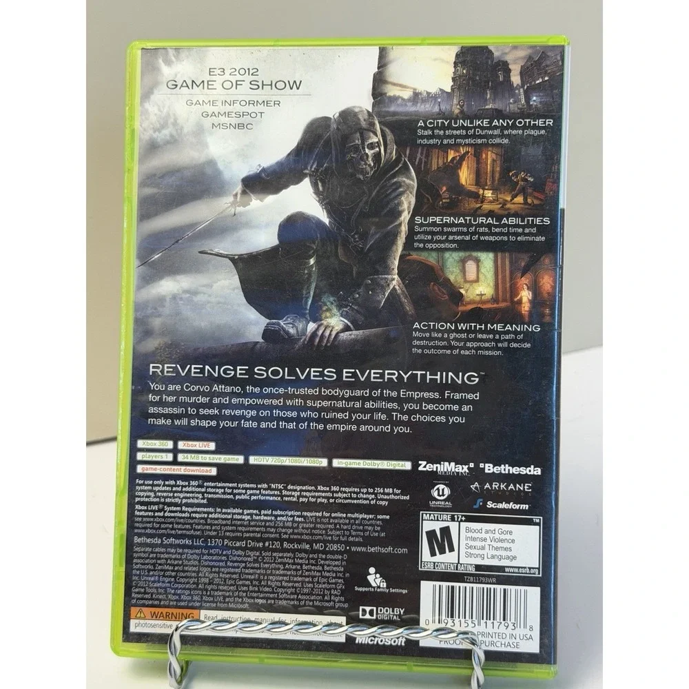 Dishonored (Microsoft Xbox 360, 2012) Complete w/ Manual